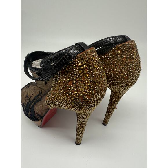 Christian Louboutin Mesh Lace Embroidered Glitter Peep Toe Pump Black Size 39.5 - Picture 5 of 14